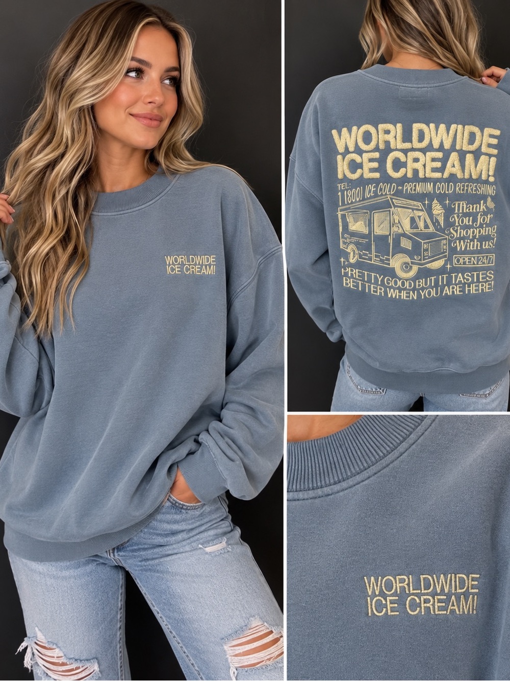 Worldwide Ice Cream! Women's Washed Blue Crewneck Sweatshirt